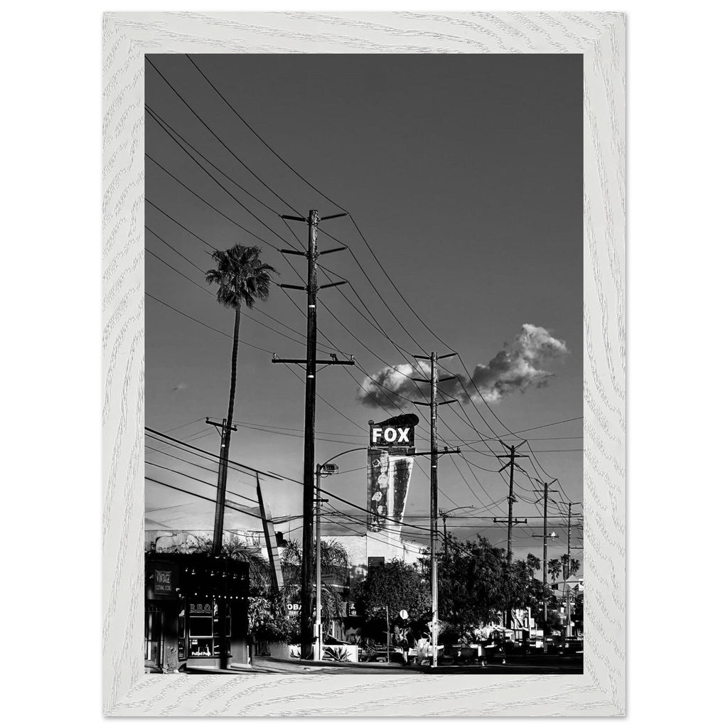 Natural wood-framed semi-glossy poster of iconic LA Westside Road, California wall art in black and white studio edition.