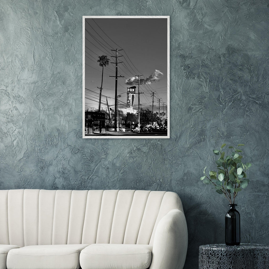 Natural wood-framed semi-glossy poster of iconic LA Westside Road wall art, black and white California poster print.