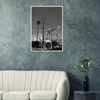 Natural wood-framed semi-glossy poster of iconic LA Westside Road wall art, black and white California poster print.
