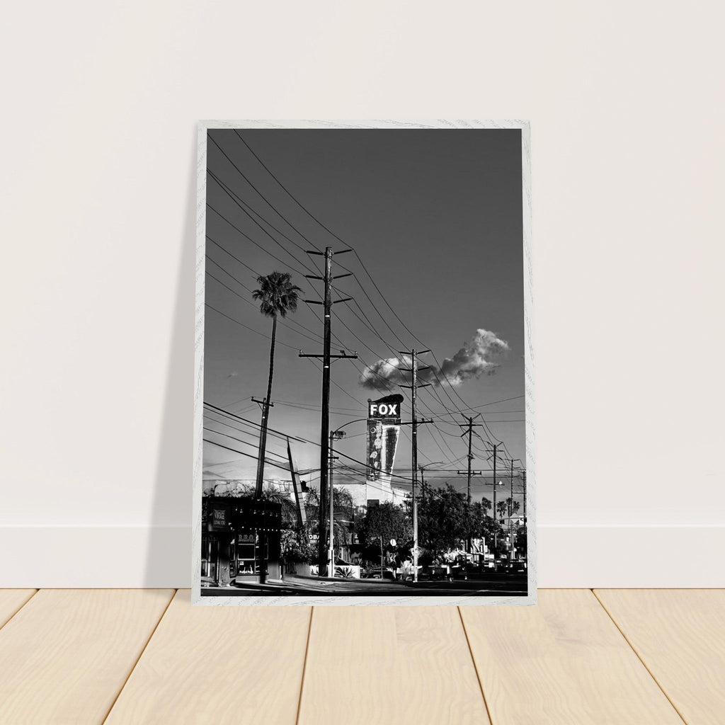 Natural wood-framed semi-glossy poster of iconic LA Westside Road, black and white California wall art print.