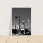 Natural wood-framed semi-glossy poster of iconic LA Westside Road, black and white California wall art print.