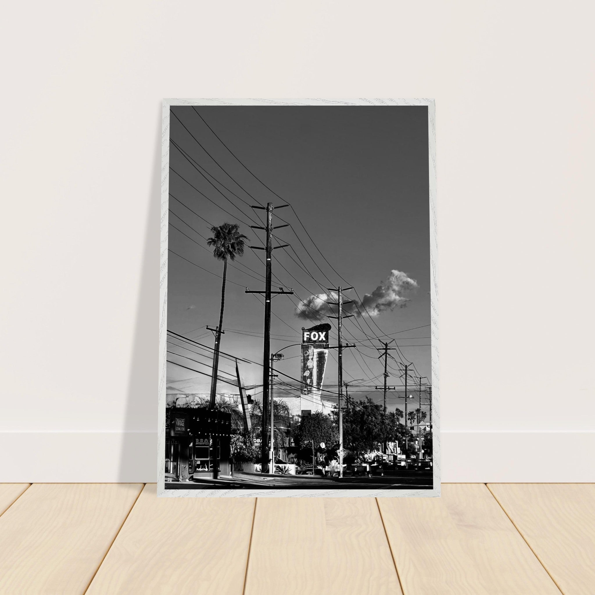 Natural wood-framed semi-glossy poster of iconic LA Westside Road, black and white California wall art print.
