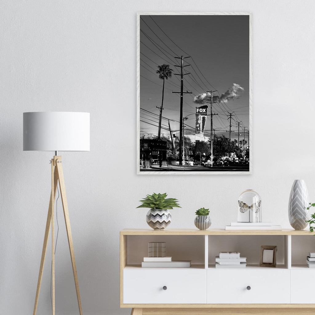 Natural wood-framed semi-glossy poster of LA Westside Road, elegant black and white California wall art print.