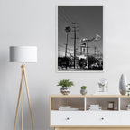 Natural wood-framed semi-glossy poster of LA Westside Road, elegant black and white California wall art print.