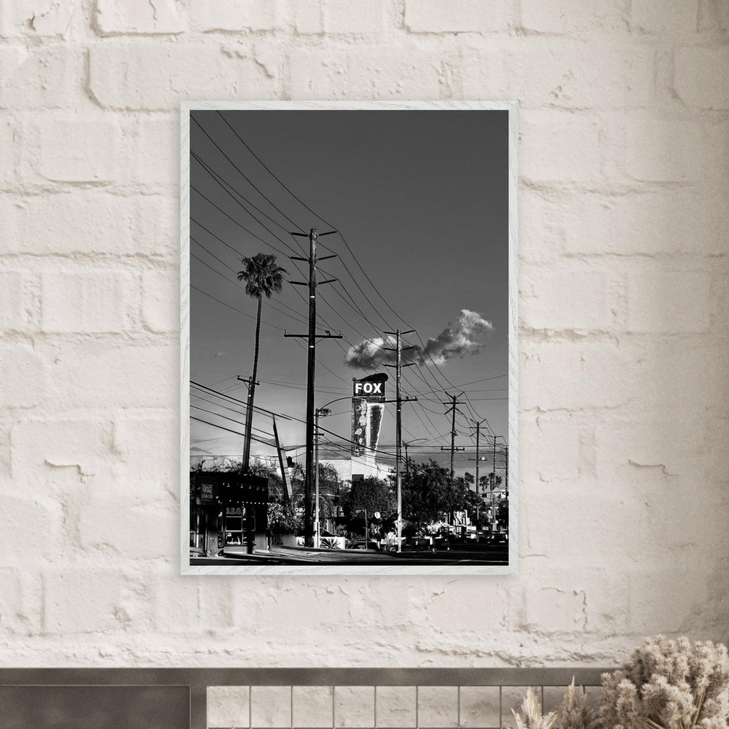 Natural-wood framed semi-glossy poster of iconic LA Westside Road, black and white California wall art print.