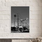Natural-wood framed semi-glossy poster of iconic LA Westside Road, black and white California wall art print.