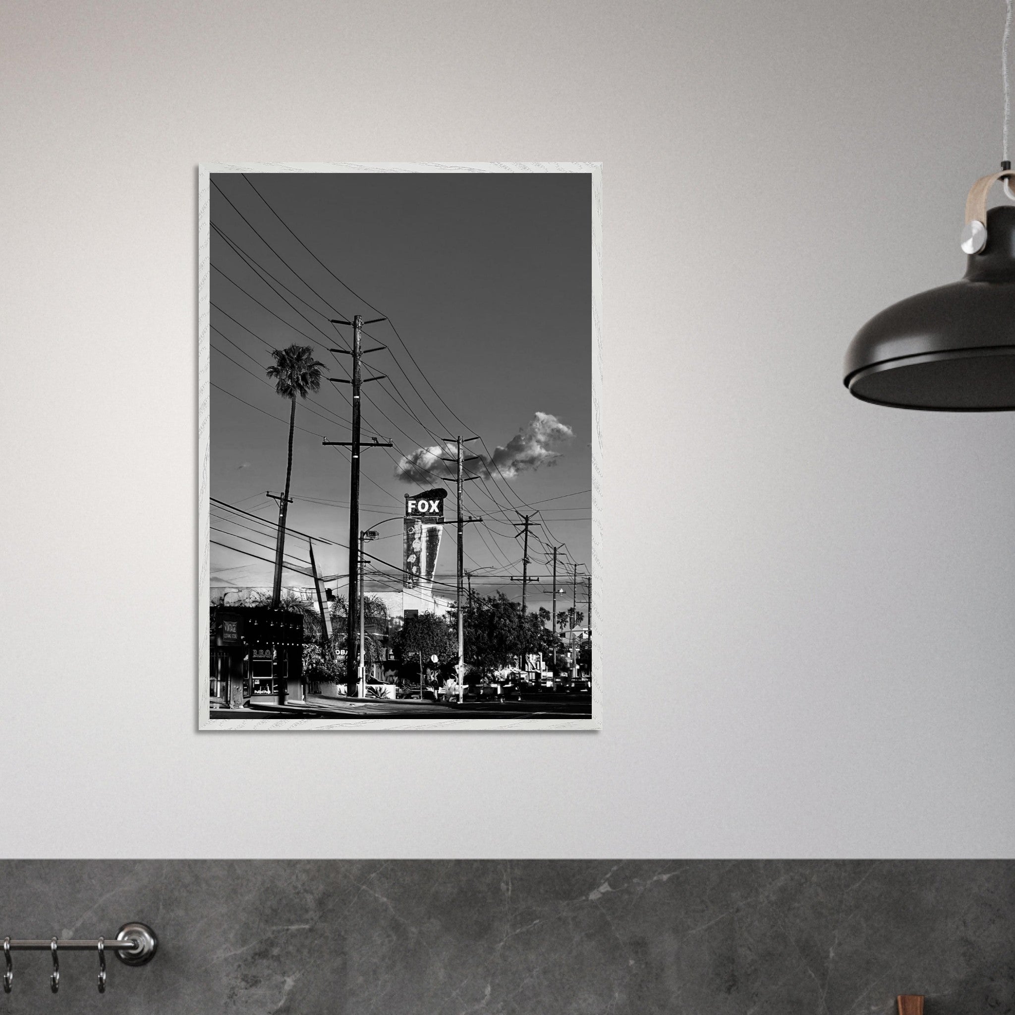 Natural wood framed semi-glossy poster of iconic LA Westside Road wall art, black and white California poster print.