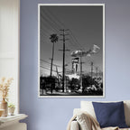 Natural wood-framed semi-glossy poster of iconic LA Westside Road, elegant black and white California wall art print.