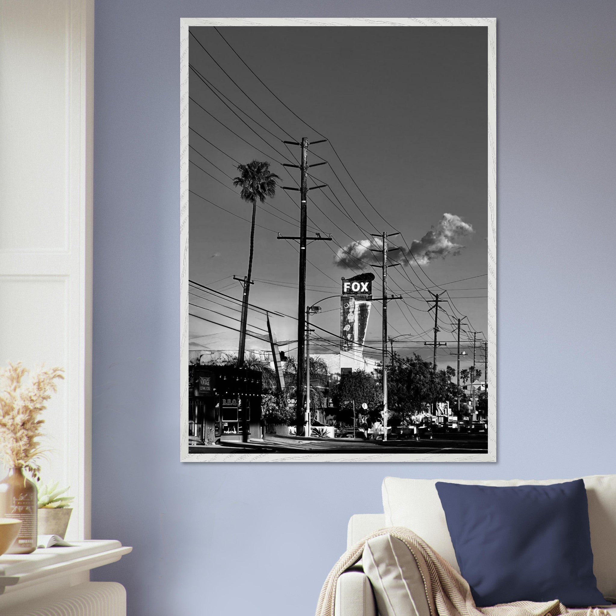 Natural wood-framed semi-glossy poster of iconic LA Westside Road, elegant black and white California wall art print.