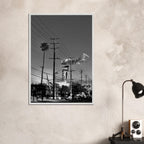 Natural wood-framed semi-glossy poster of iconic LA Westside Road, elegant black and white California wall art print.