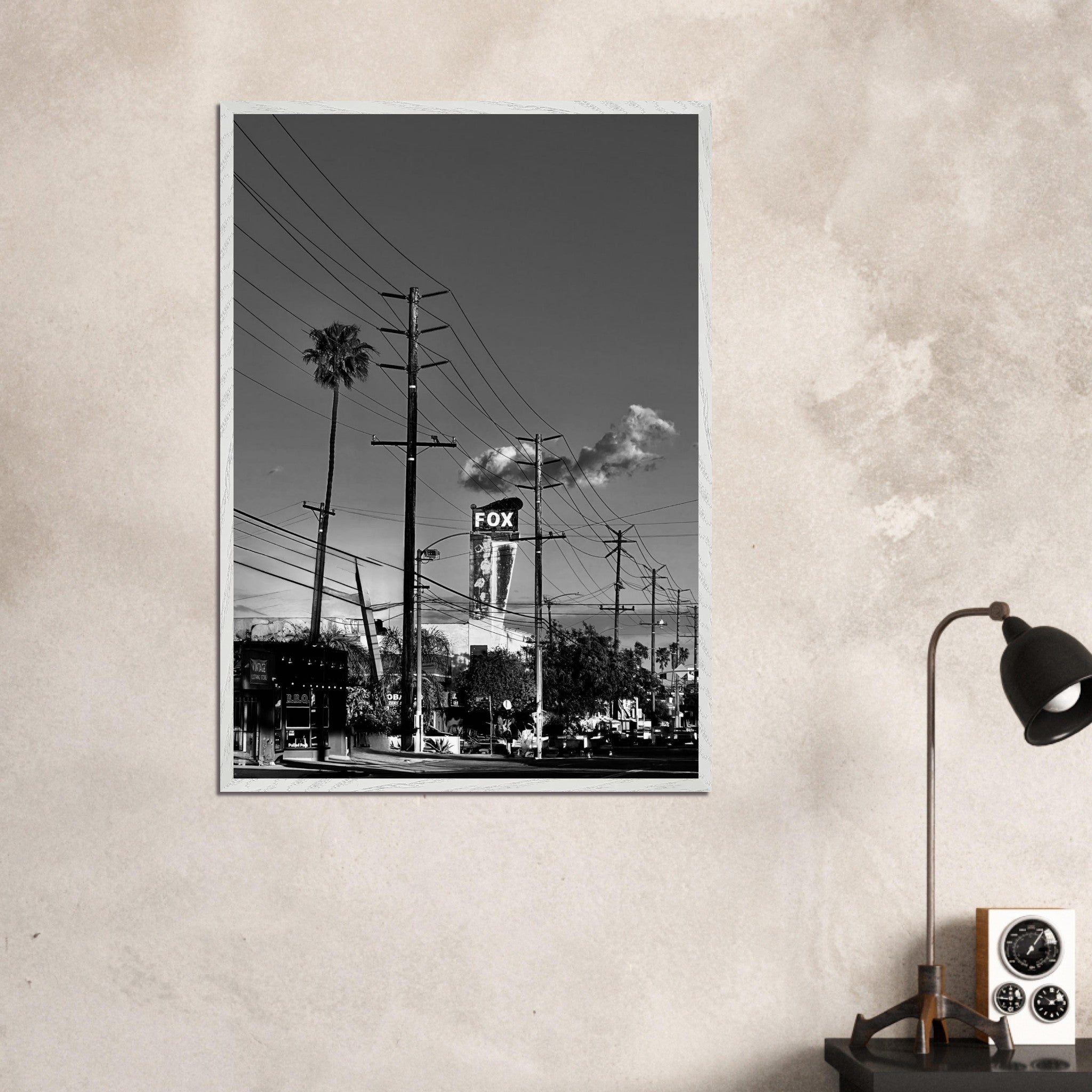 Natural wood-framed semi-glossy poster of iconic LA Westside Road, elegant black and white California wall art print.