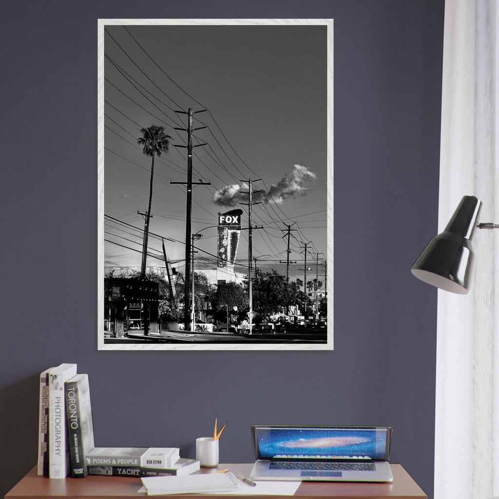 Natural wood framed semi-glossy poster of iconic LA Westside Road wall art, black and white California studio edition print.
