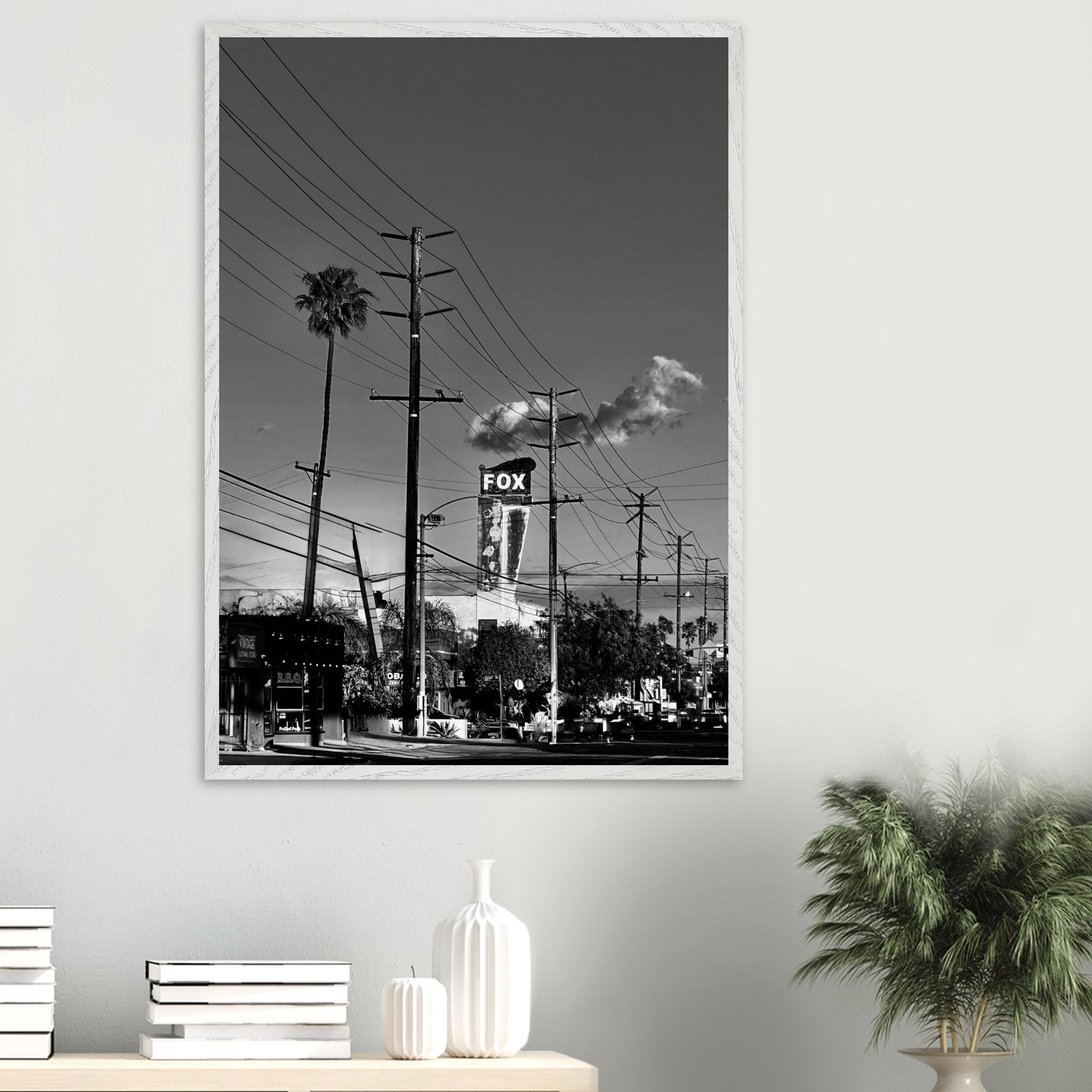 Natural wood-framed semi-glossy poster of iconic LA Westside Road, elegant black and white California wall art print.