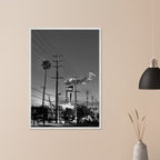 Natural wood framed semi-glossy poster of iconic LA Westside Road, black and white studio edition wall art, California landscape.