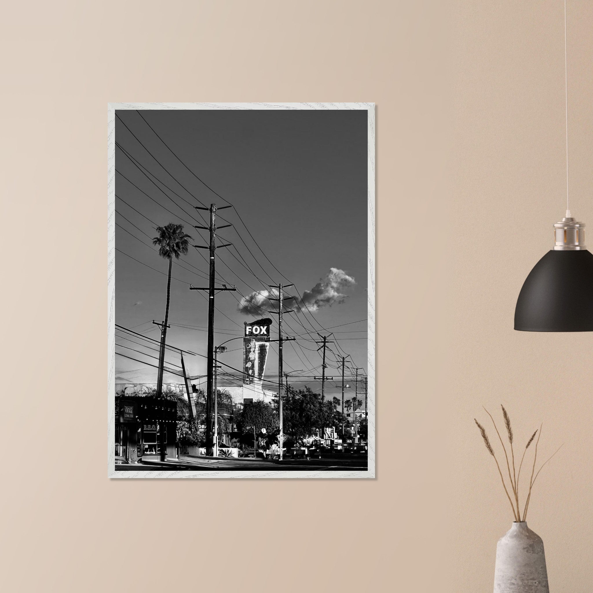 Natural wood framed semi-glossy poster of iconic LA Westside Road, black and white studio edition wall art, California landscape.