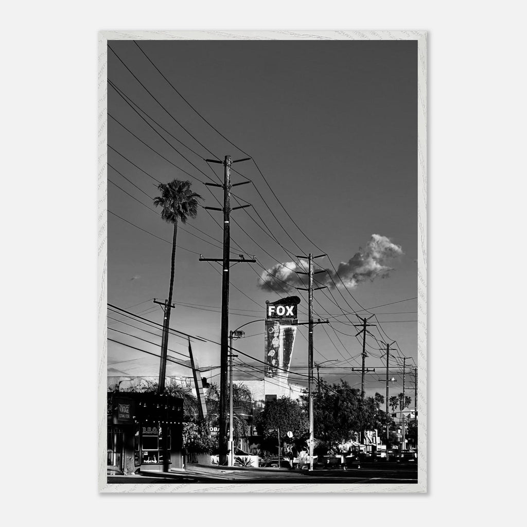 Natural wood-framed semi-glossy poster of iconic LA Westside Road, black-and-white California wall art print.