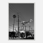 Natural wood-framed semi-glossy poster of iconic LA Westside Road, black-and-white California wall art print.