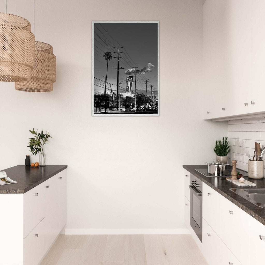 Wood-framed semi-glossy print of iconic LA Westside Road wall art, black and white California poster from Studio Edition series.