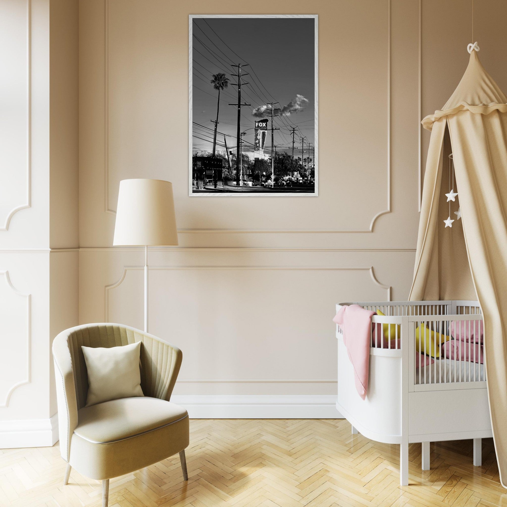 Natural wood-framed semi-glossy poster of iconic LA Westside Road, elegant black and white California wall art print.