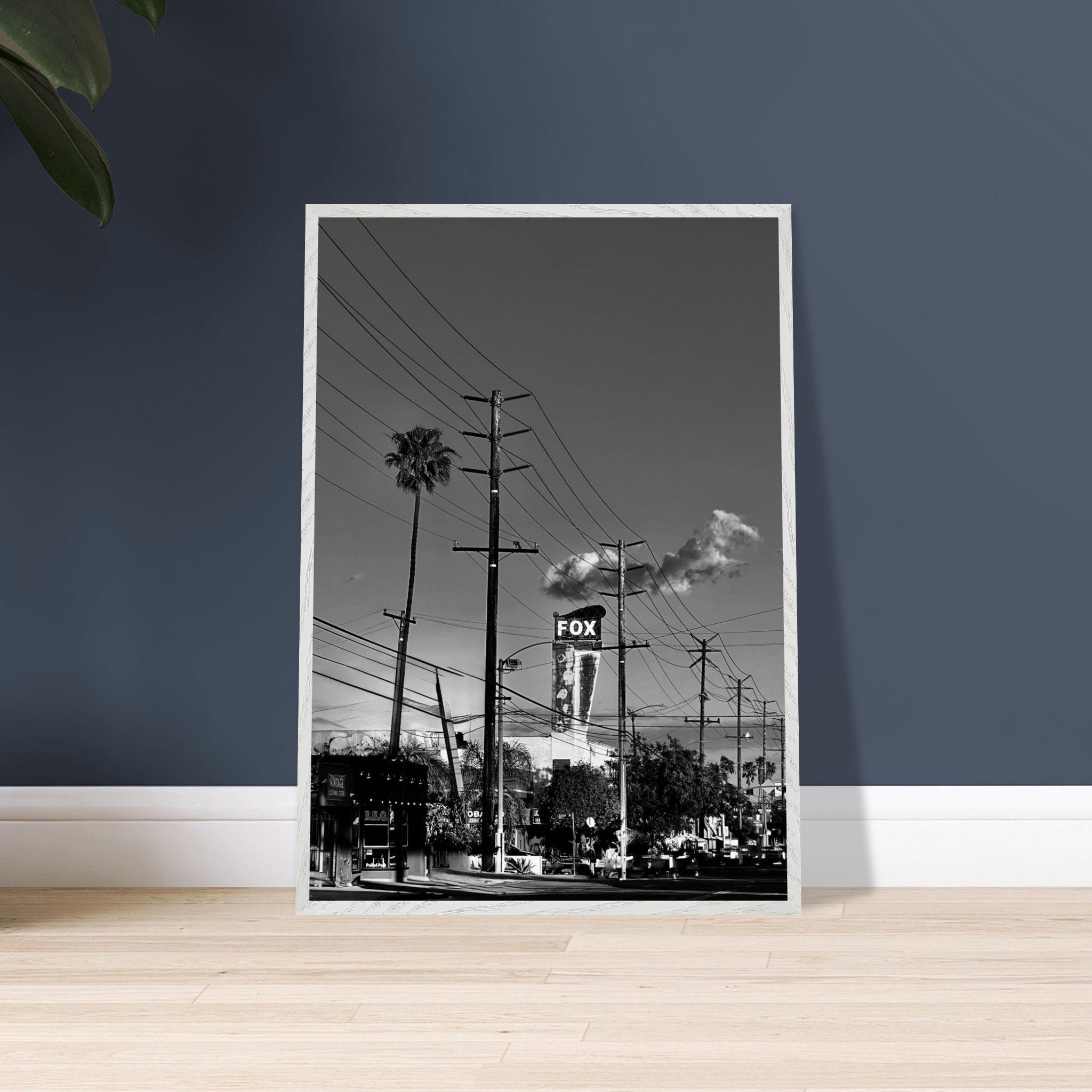 Natural wood-framed semi-glossy poster of iconic LA Westside Road, black and white California wall art, studio edition print.