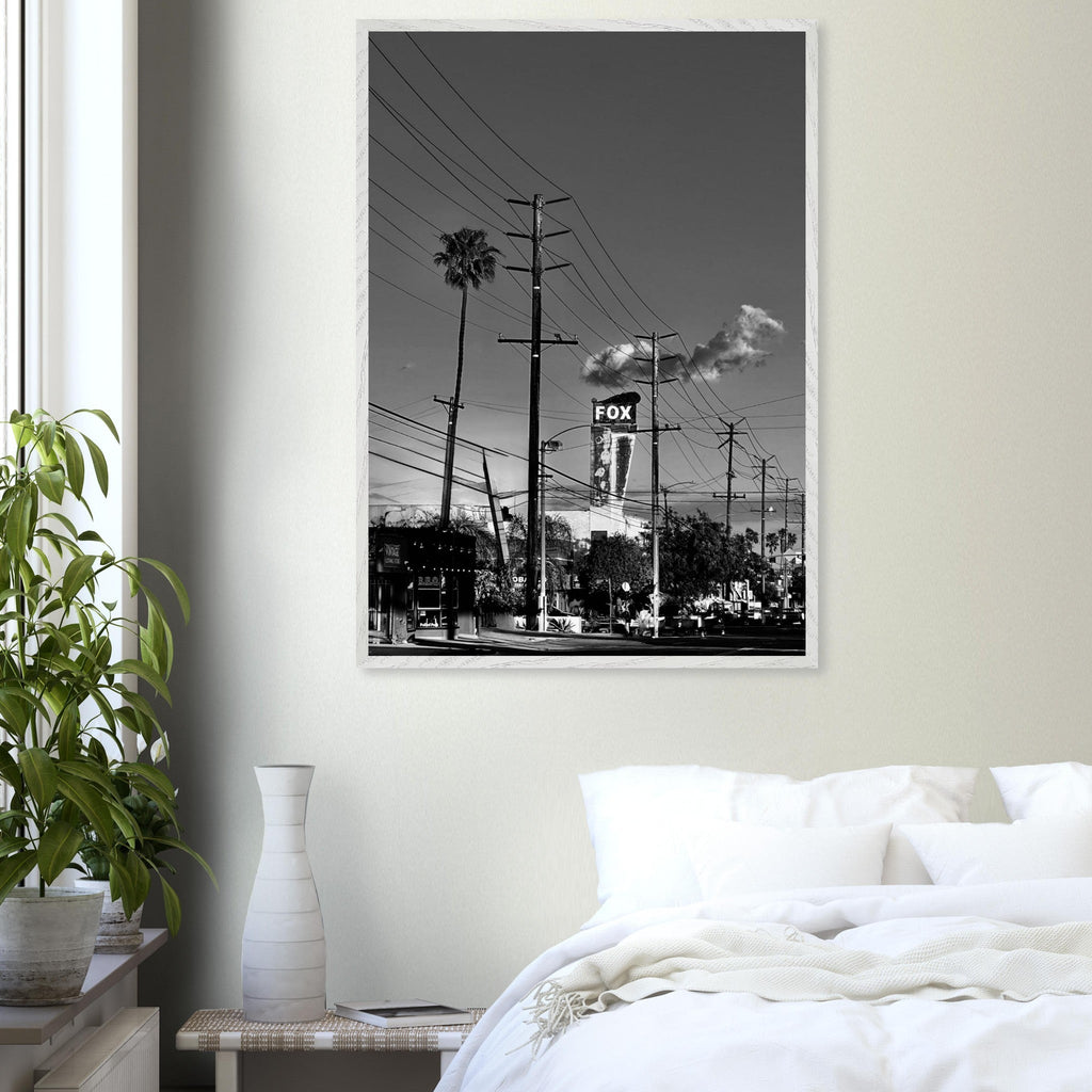 Natural wood-framed semi-glossy poster of iconic LA Westside Road, black and white California wall art print.