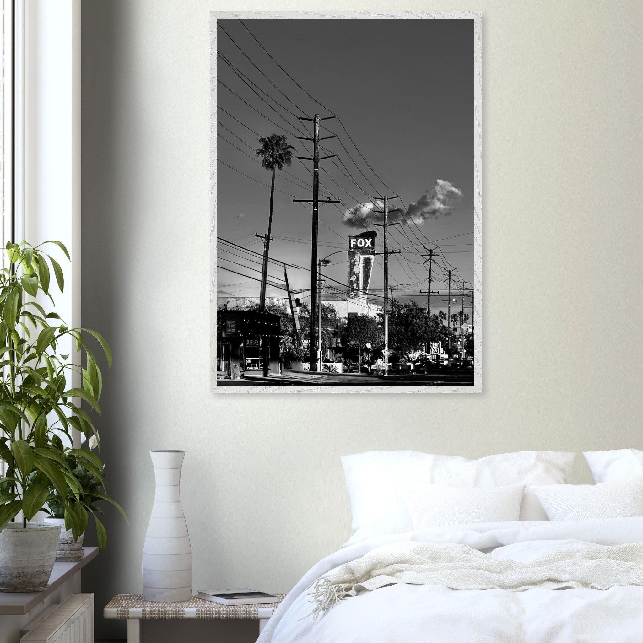 Natural wood-framed semi-glossy poster of iconic LA Westside Road, black and white California wall art print.