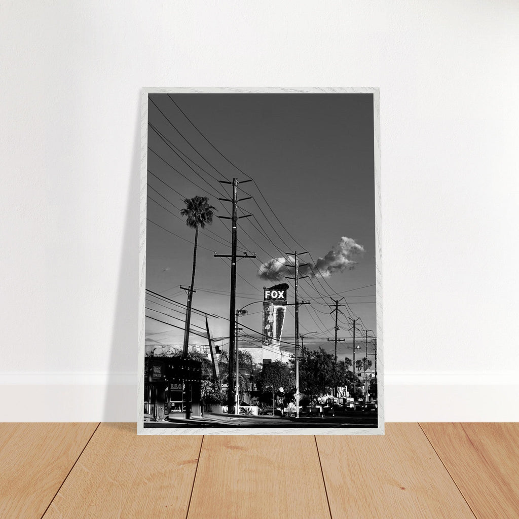 Natural wood-framed semi-glossy poster of iconic LA Westside Road, black and white California wall art, studio edition print.