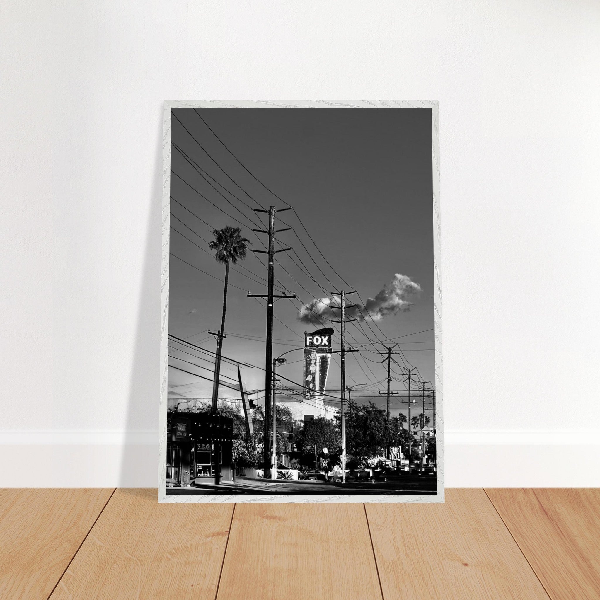 Natural wood-framed semi-glossy poster of iconic LA Westside Road, black and white California wall art, studio edition print.