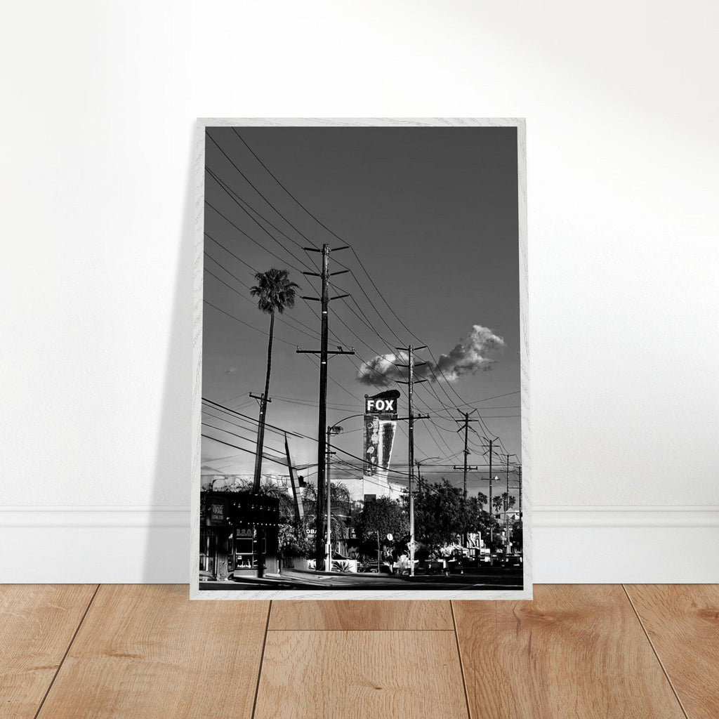 Natural wood-framed semi-glossy poster of iconic LA Westside Road, black and white California wall art print.