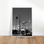 Natural wood-framed semi-glossy poster of iconic LA Westside Road, black and white California wall art print.