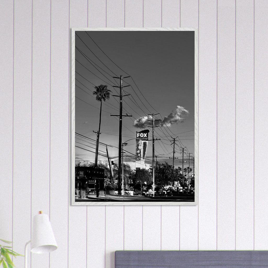 Natural wood-framed semi-glossy poster of iconic LA Westside Road, black and white California wall art, studio edition print.