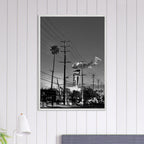 Natural wood-framed semi-glossy poster of iconic LA Westside Road, black and white California wall art, studio edition print.
