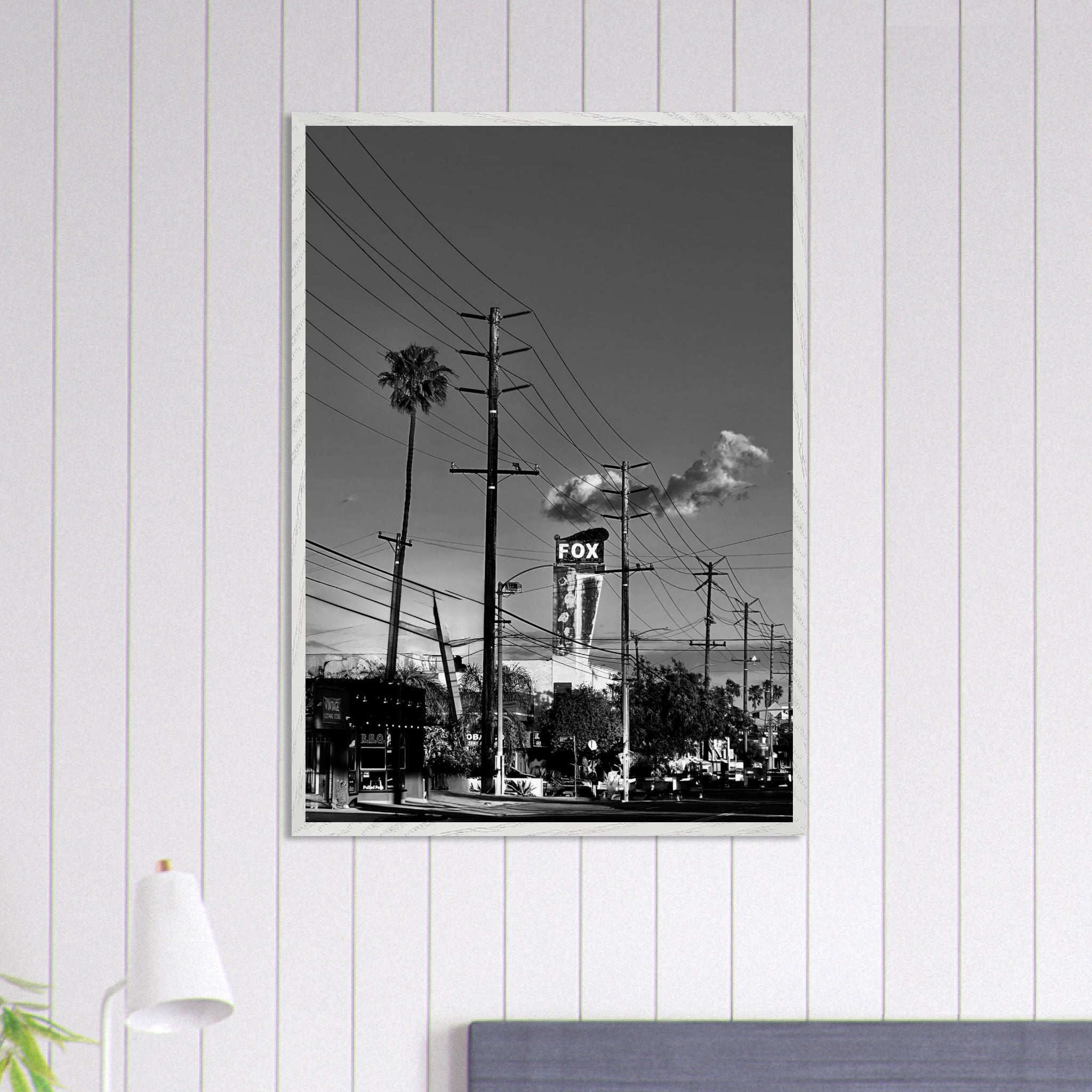 Natural wood-framed semi-glossy poster of iconic LA Westside Road, black and white California wall art, studio edition print.