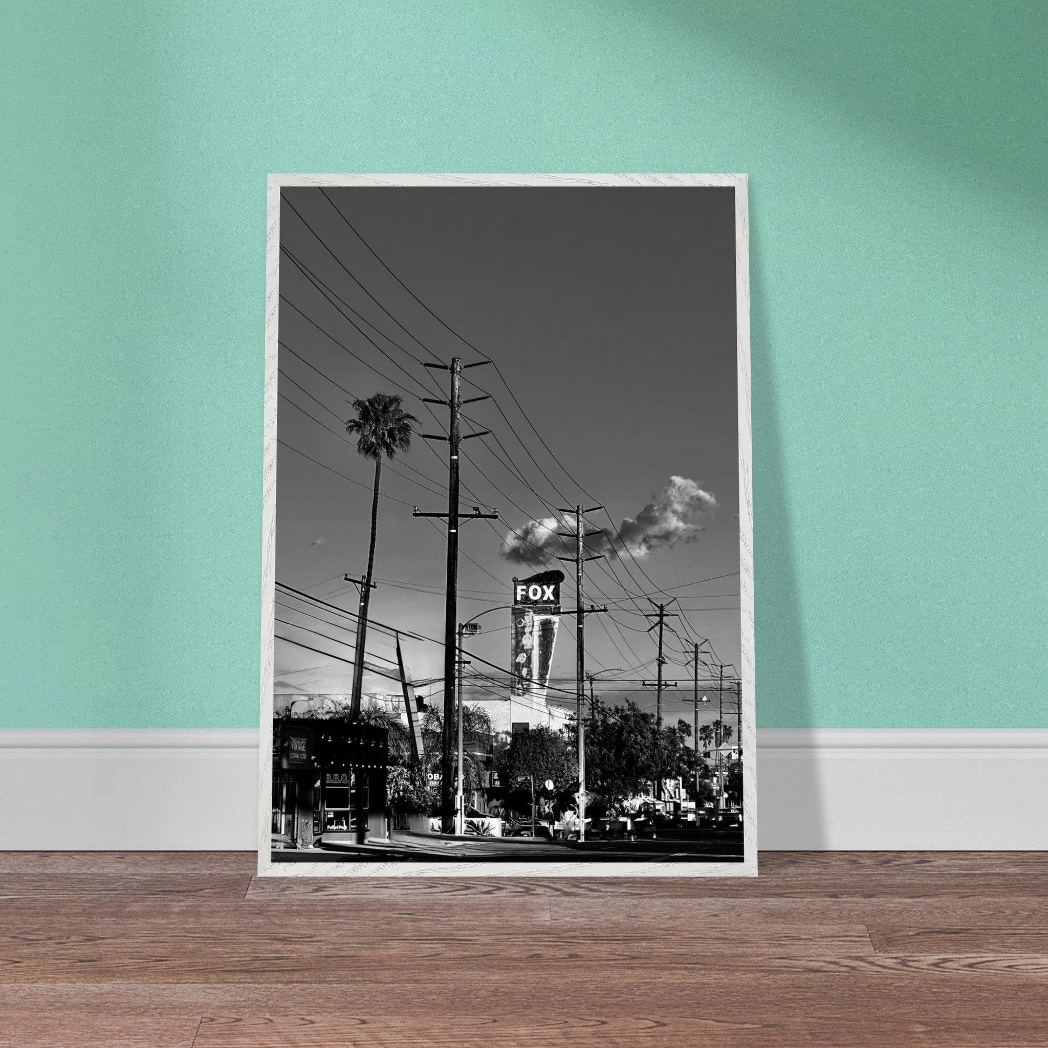 Natural wood-framed semi-glossy poster of iconic LA Westside Road, elegant black and white California wall art print.