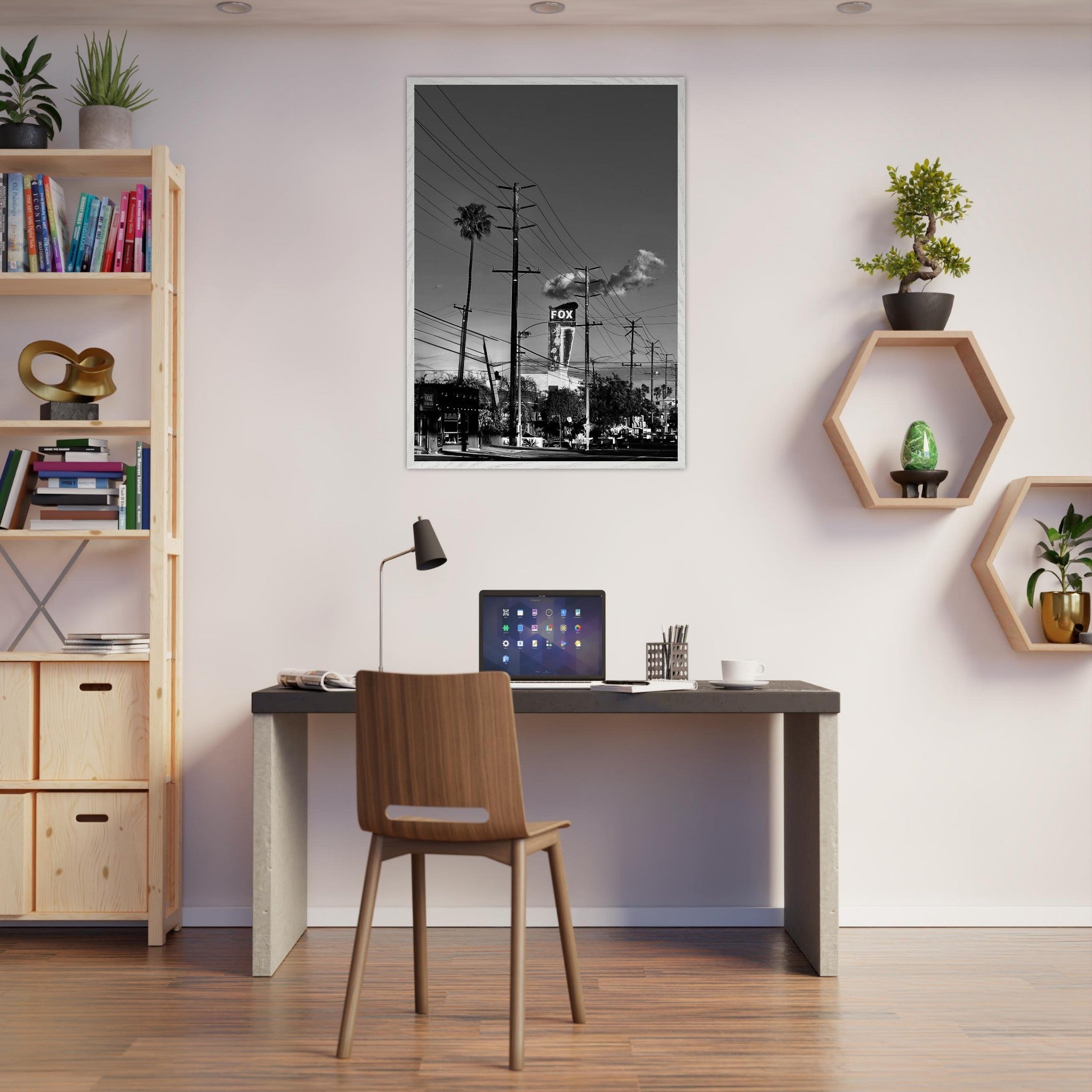 Semi-glossy wood-framed poster of LA Westside Road, black and white California wall art, Studio Edition print.
