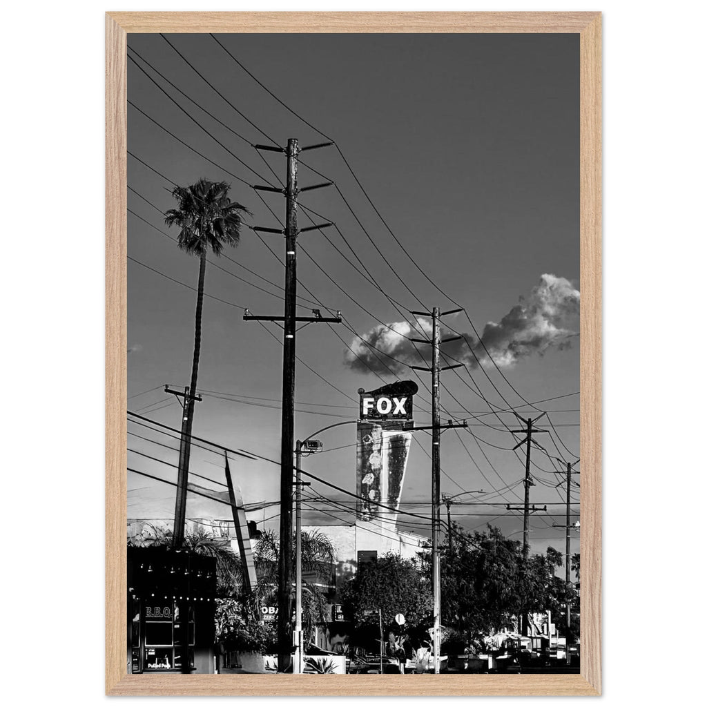 Black and white LA Westside Road poster framed in wood, semi-glossy finish, elegant wall art depicting iconic California scenery.
