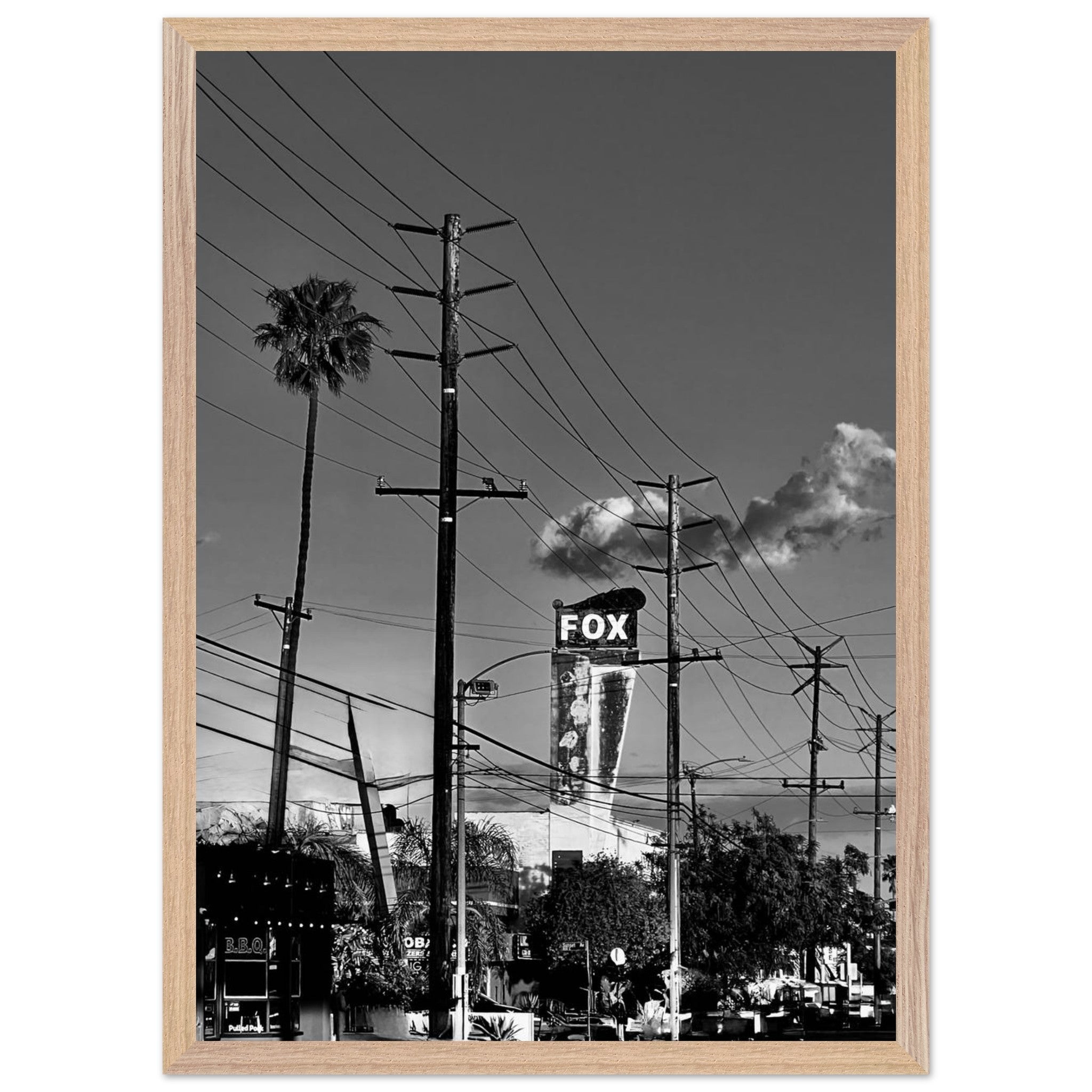 Black and white LA Westside Road poster framed in wood, semi-glossy finish, elegant wall art depicting iconic California scenery.