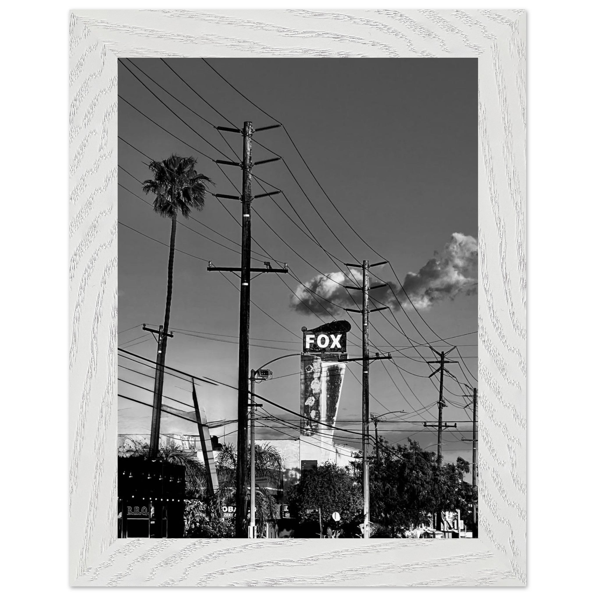 Black and white framed print of LA Westside Road wall art, premium wood frame, semi-glossy finish, California poster art, studio edition.