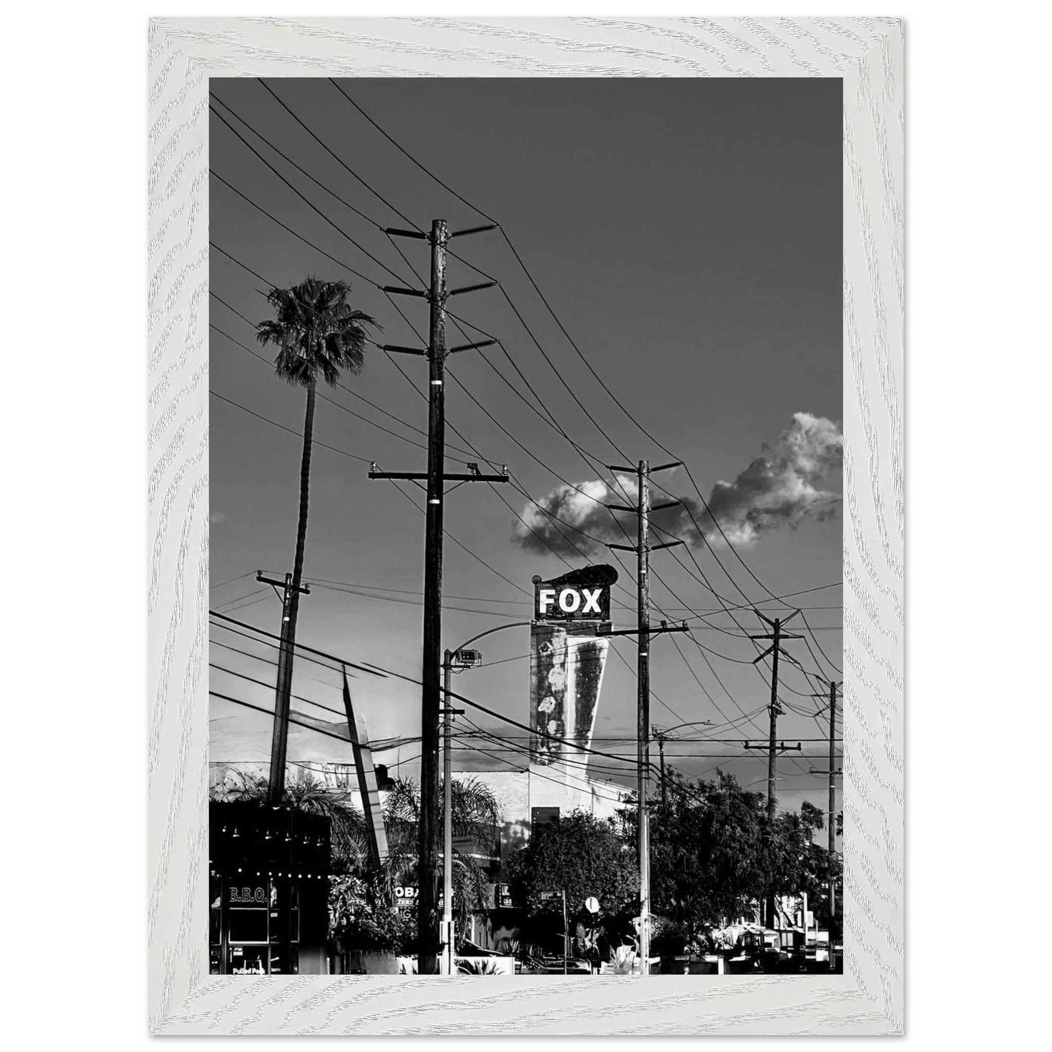 Premium black and white LA Westside Road poster framed with wood, semi-glossy finish, elegant wall art for California decor.