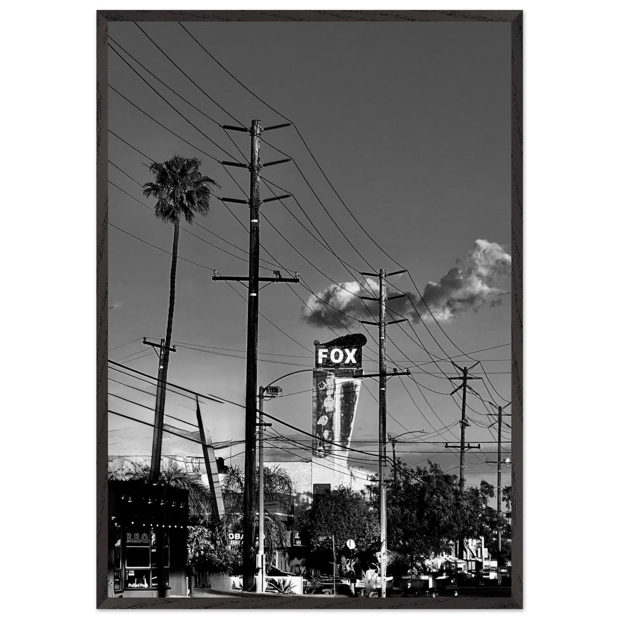 Wood-framed semi-glossy poster of LA Westside Road, elegant black and white California wall art print.