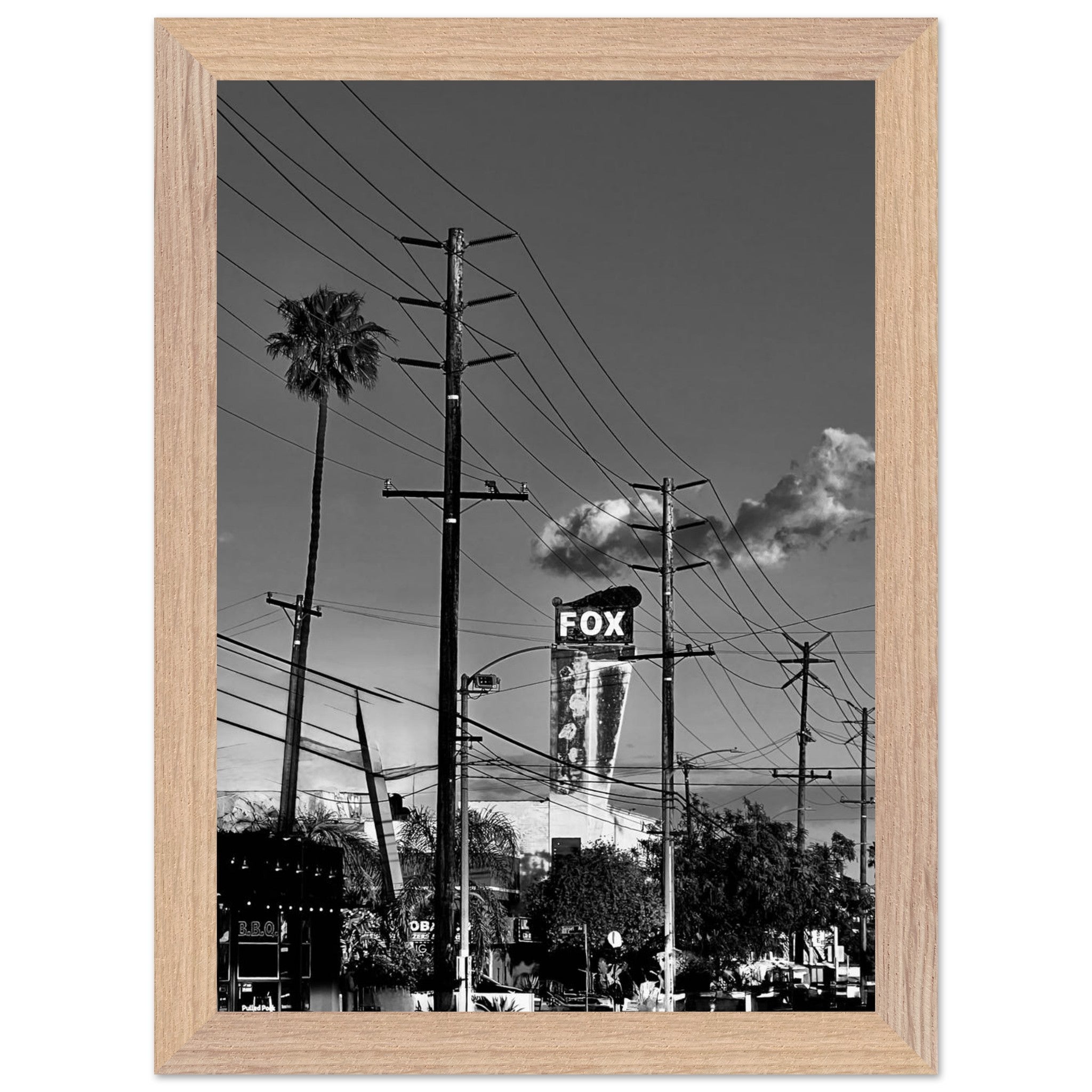 Premium wood-framed semi-glossy poster of LA Westside Road wall art, black and white California print, studio edition, elegant decor.