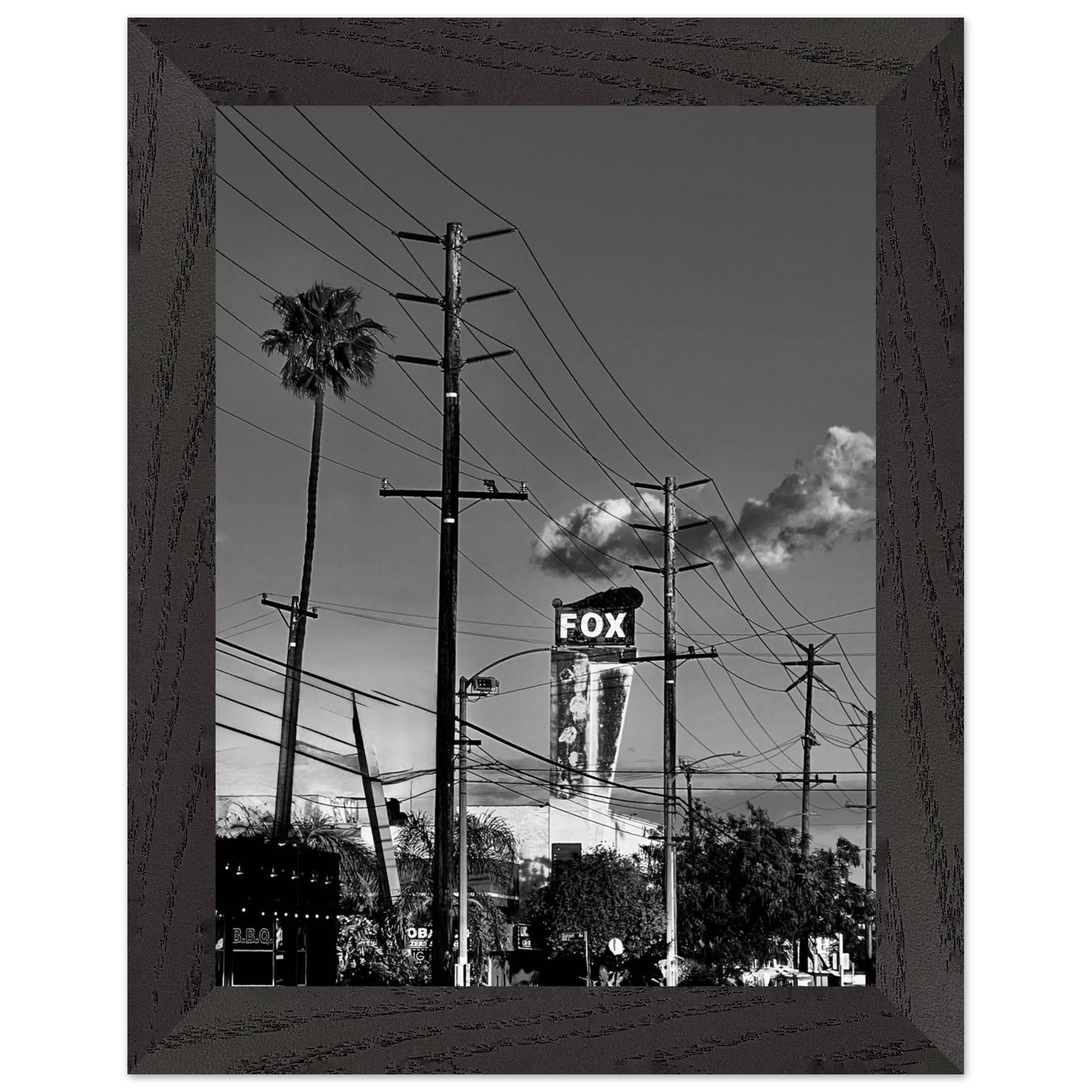 Premium wood-framed semi-glossy California poster of LA Westside Road, black and white studio edition wall art for home decor.