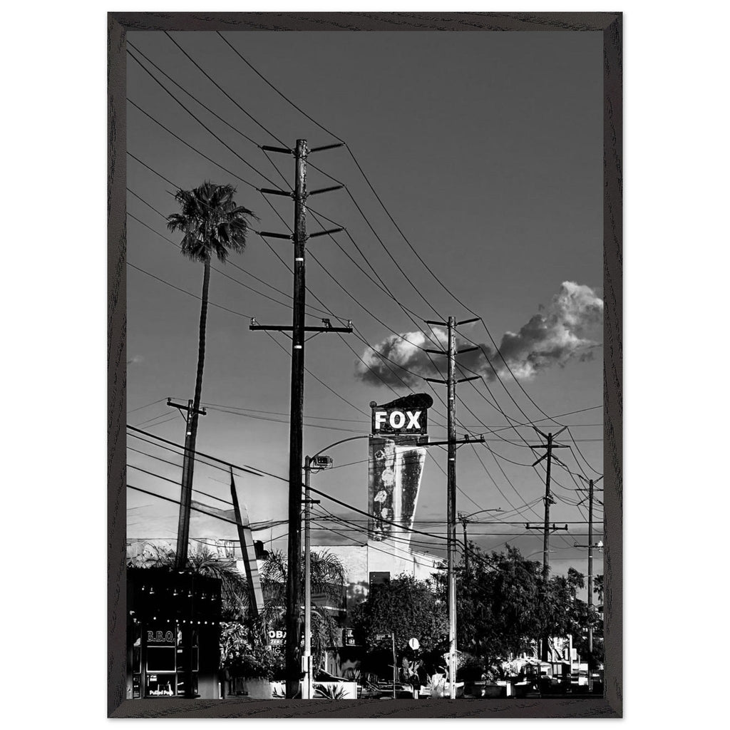 Black and white framed print of iconic LA Westside Road, premium wood frame, semi-glossy finish, elegant California wall art.