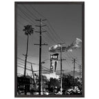 Black and white framed print of iconic LA Westside Road, premium wood frame, semi-glossy finish, elegant California wall art.