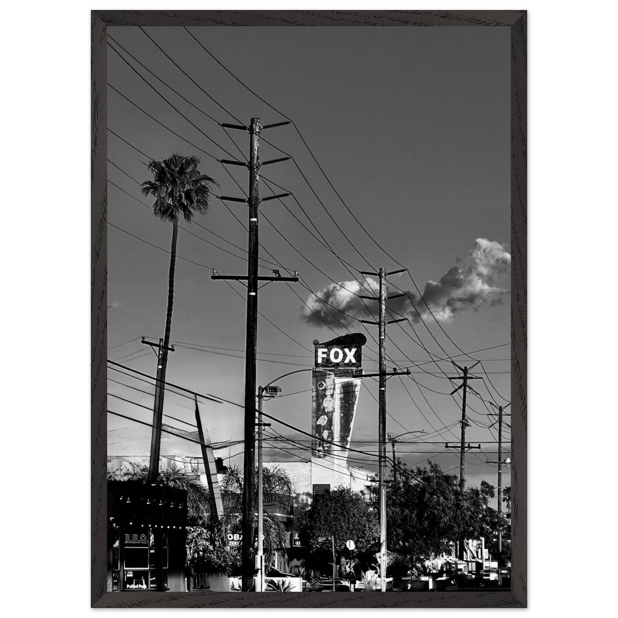 Black and white framed print of iconic LA Westside Road, premium wood frame, semi-glossy finish, elegant California wall art.