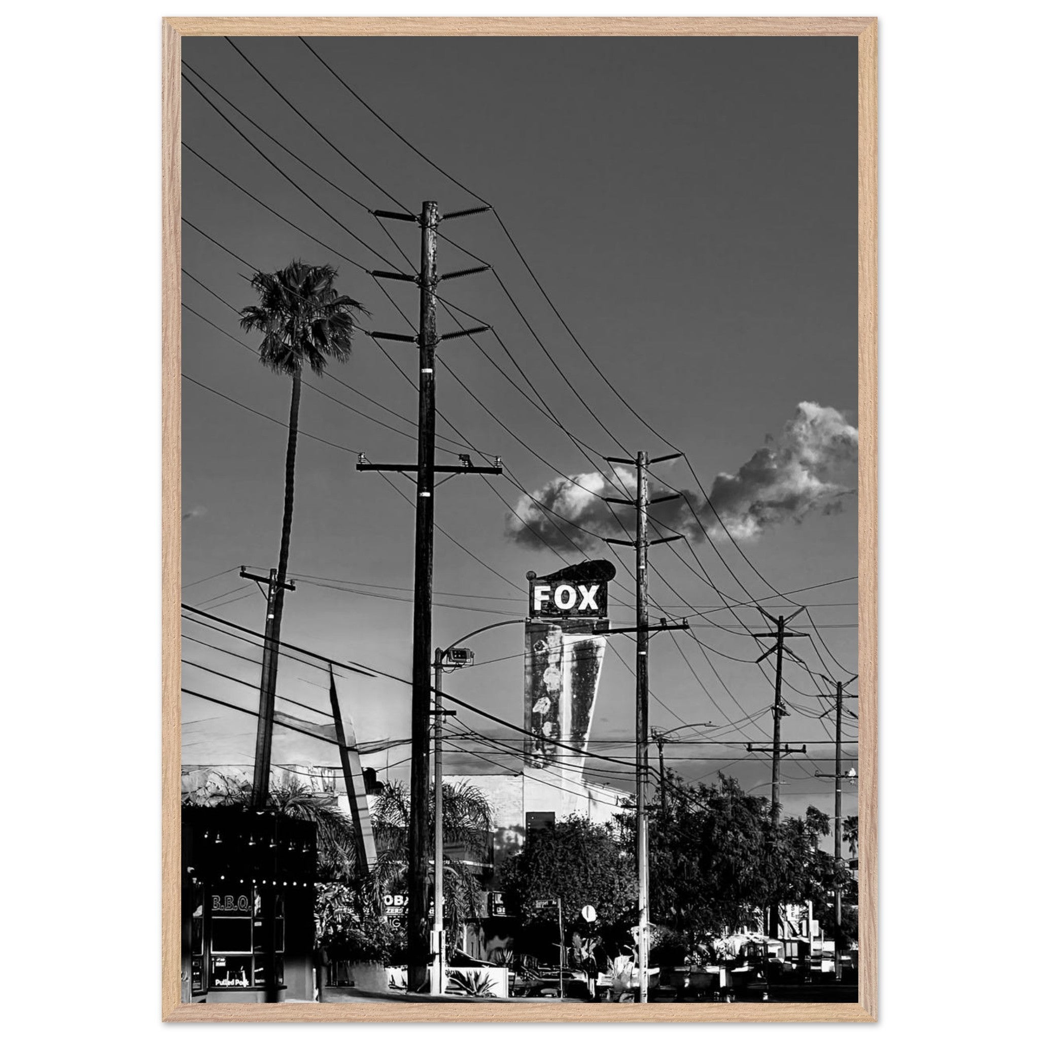 Premium wood-framed semi-glossy poster of iconic LA Westside Road wall art, black and white California print, studio edition.