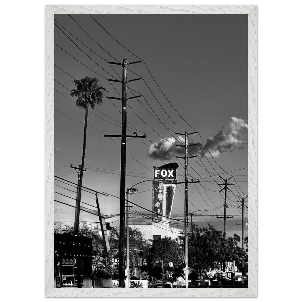 Premium wood-framed semi-glossy poster of iconic LA Westside Road, elegant black and white California wall art print.
