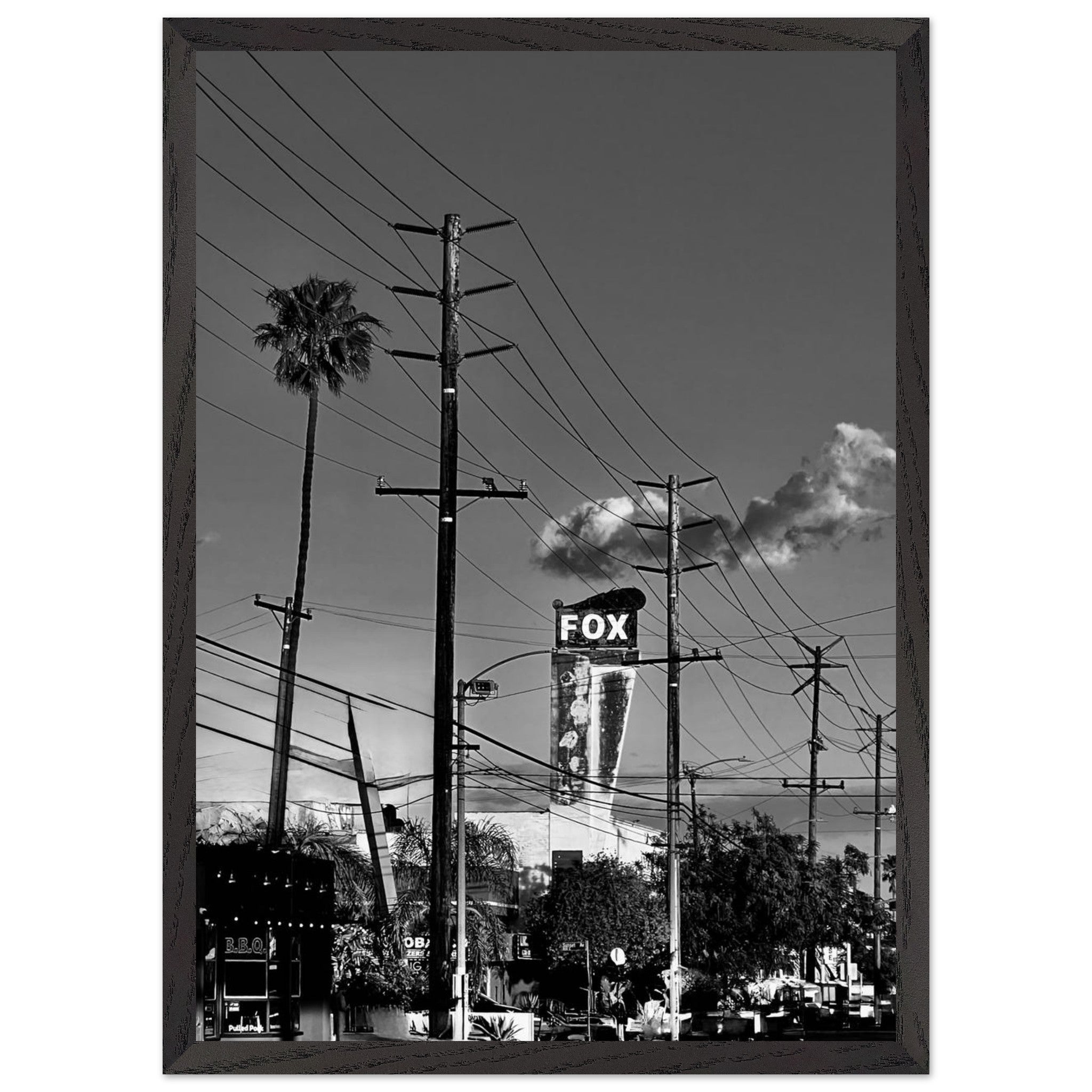 Premium wood-framed semi-glossy poster of iconic LA Westside Road, elegant black and white California wall art print.