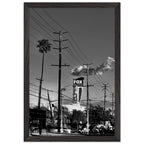 Black and white LA Westside Road poster framed with wood, showcasing elegant California wall art in semi-glossy print.