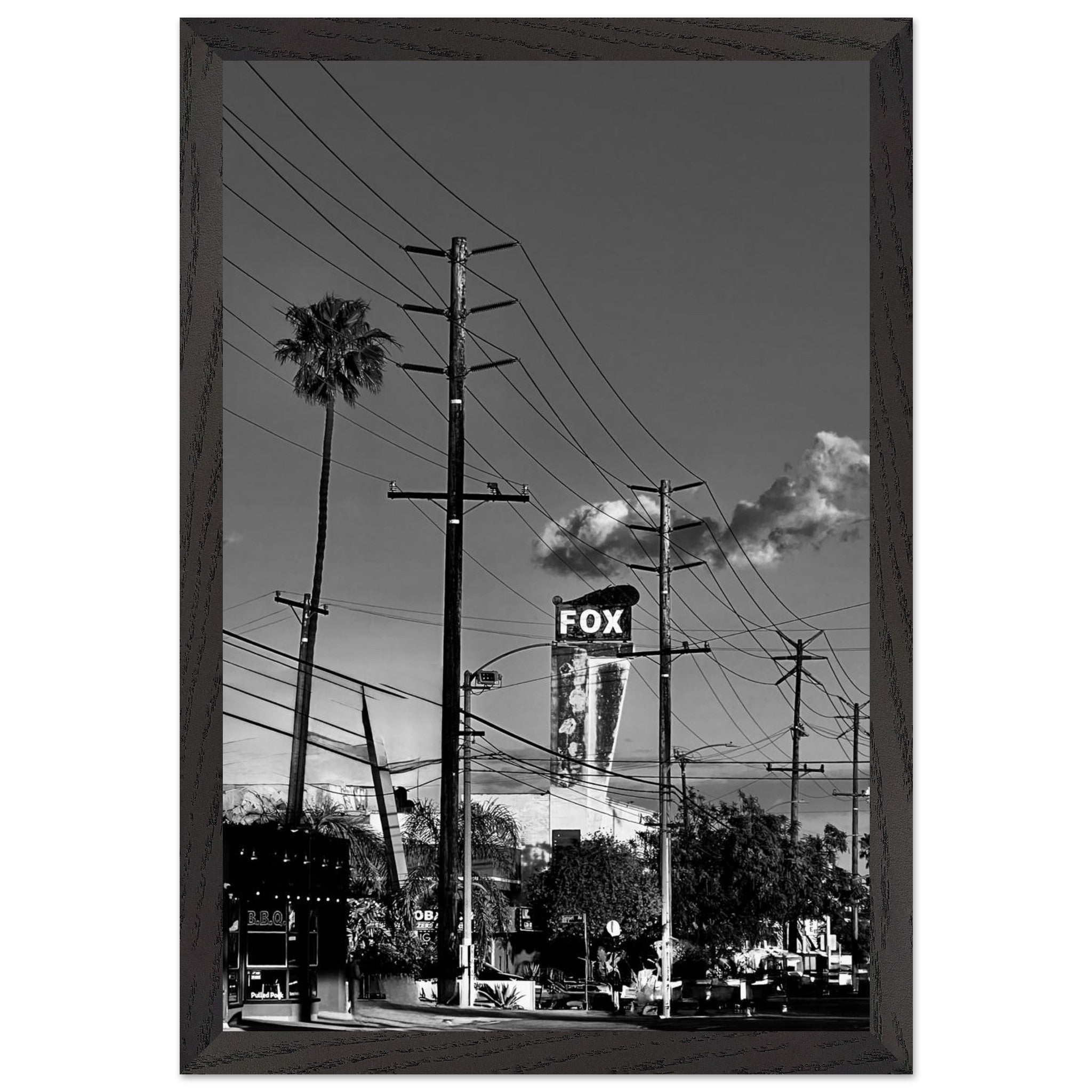 Black and white LA Westside Road poster framed with wood, showcasing elegant California wall art in semi-glossy print.
